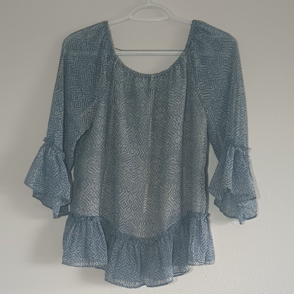 Lucky Brand Blue And White Women's Size M Blouse Cottagecore Top Off Shoulder - Picture 8 of 10